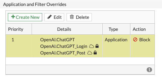 Fortinet FortiGate's Application Overrides showing Chat GPT