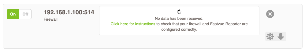 Computer screen displaying website settings with a note indicating no data received from the firewall in Fastvue Reporter.