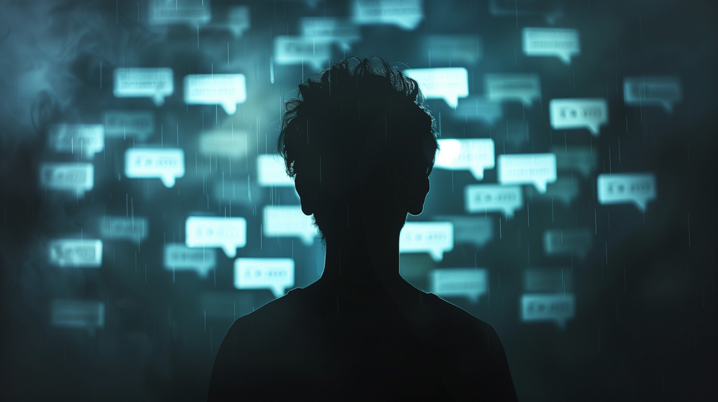 A child's silhouette stands before a screen filled with multiple social media icons.