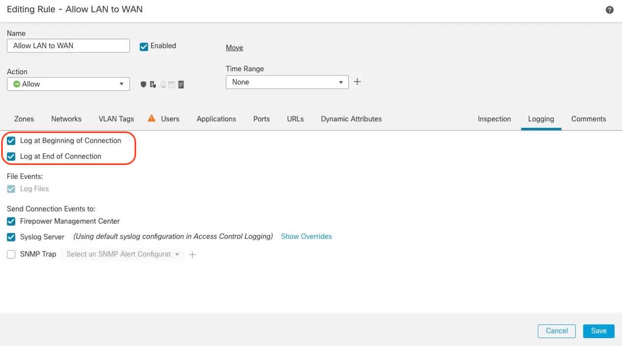 Cisco Firepower - Options to log at beginning and end of connections within Access Policy Rules. Cisco Firepower - Options to log at beginning and end of connections within Access Policy Rules.