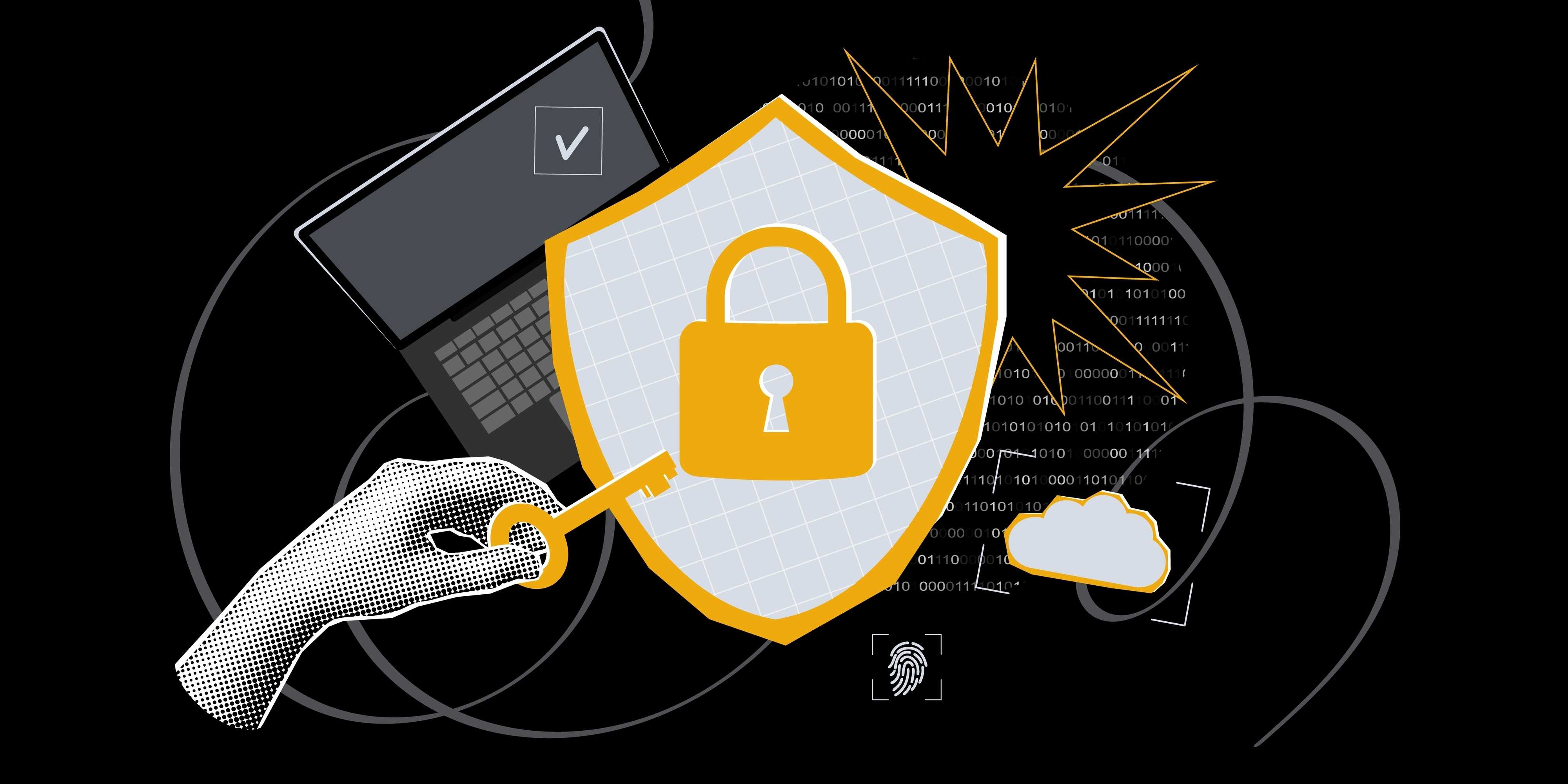 A hand with a padlock next to a laptop, illustrating the importance of cybersecurity and safeguarding personal information. A hand with a padlock next to a laptop, illustrating the importance of cybersecurity and safeguarding personal information.