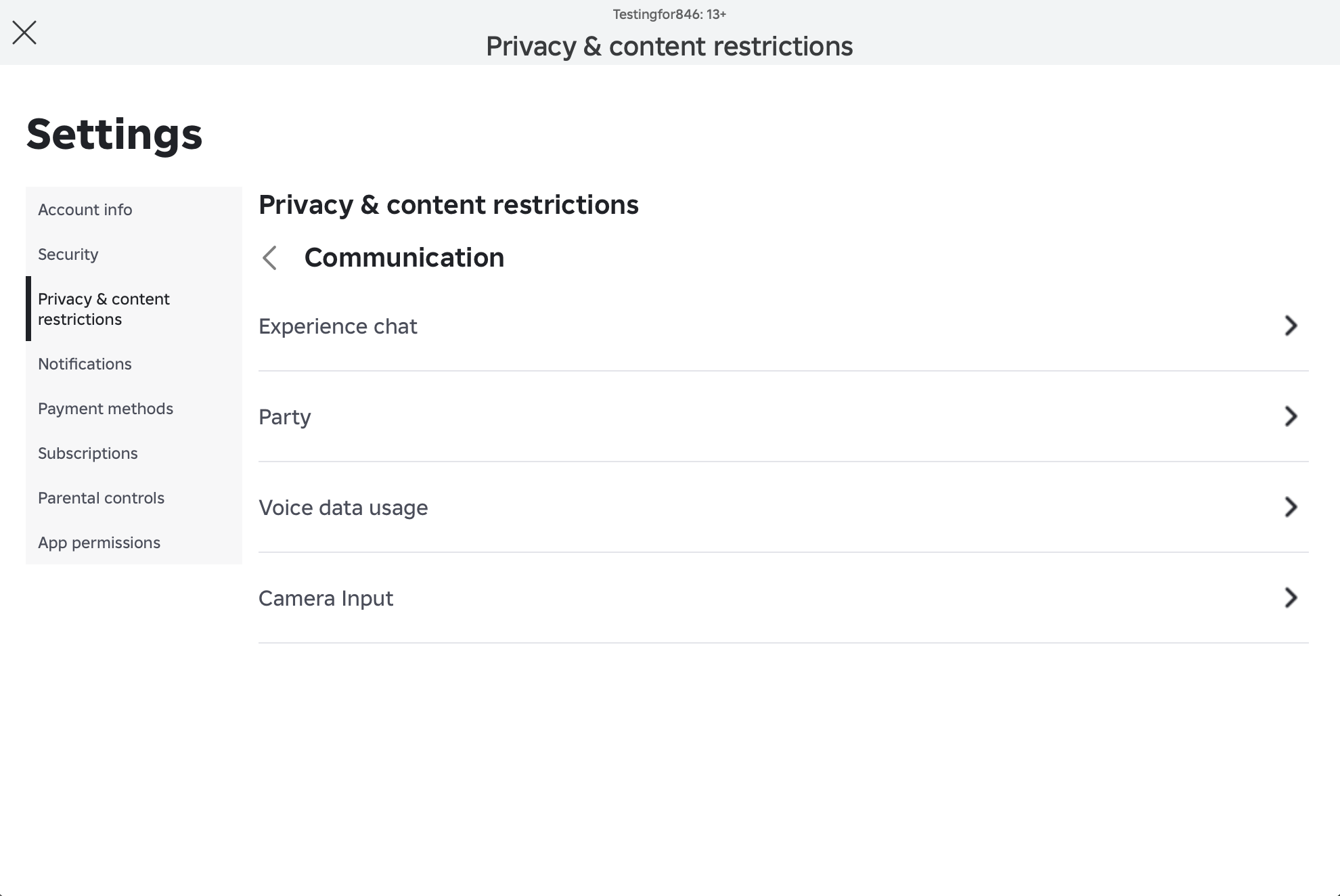 A screenshot of Roblox's content and communication settings