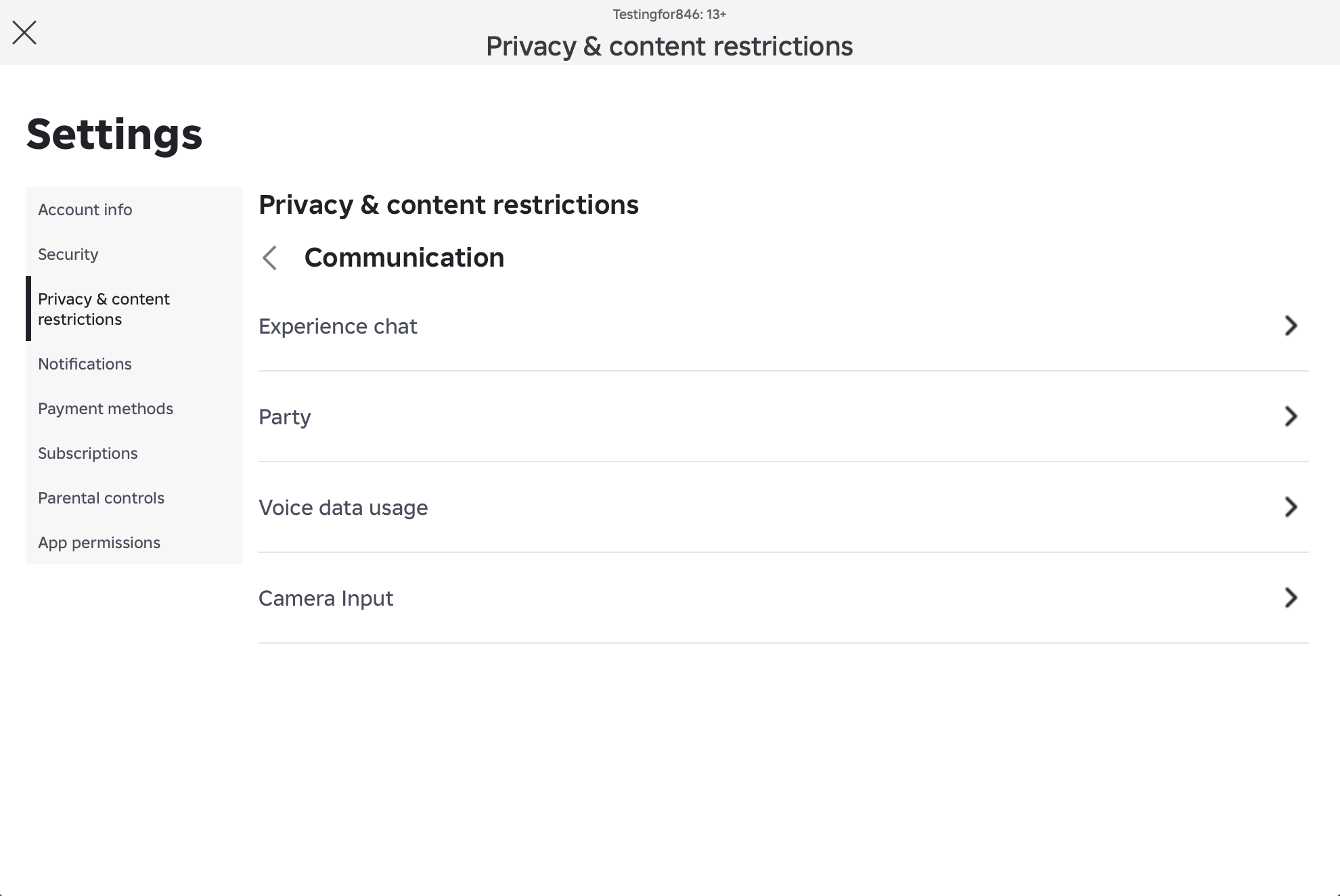 A screenshot of Roblox's content and communication settings A screenshot of Roblox's content and communication settings
