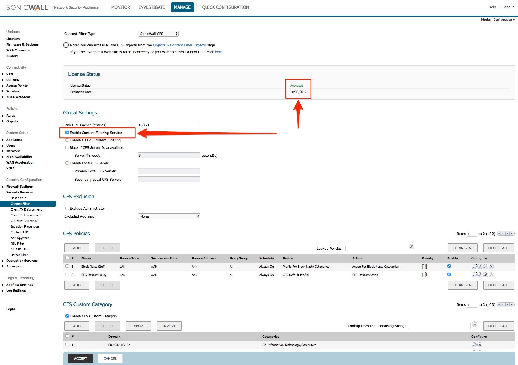 Enabling SonicWall Content Filtering Services (CFS) in SonicOS 6.5