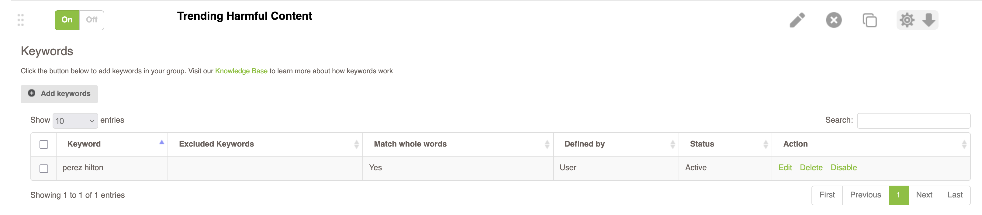 Image showing how to add Perez Hilton as a trending harmful content keyword in Fastvue Reporter