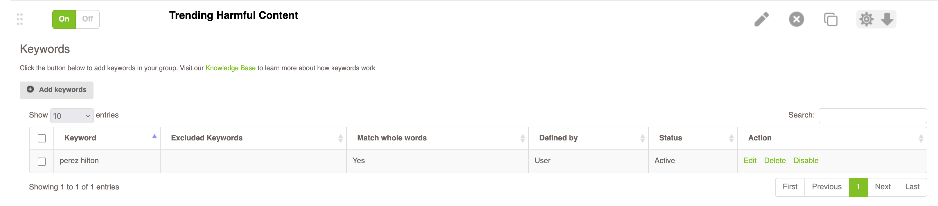 Image showing how to add Perez Hilton as a trending harmful content keyword in Fastvue Reporter Image showing how to add Perez Hilton as a trending harmful content keyword in Fastvue Reporter