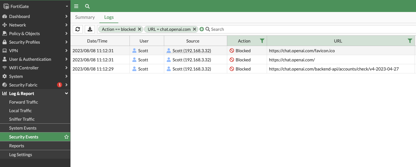 Fortinet FortiGate's Web Filter log showing blocked ChatGPT URLs