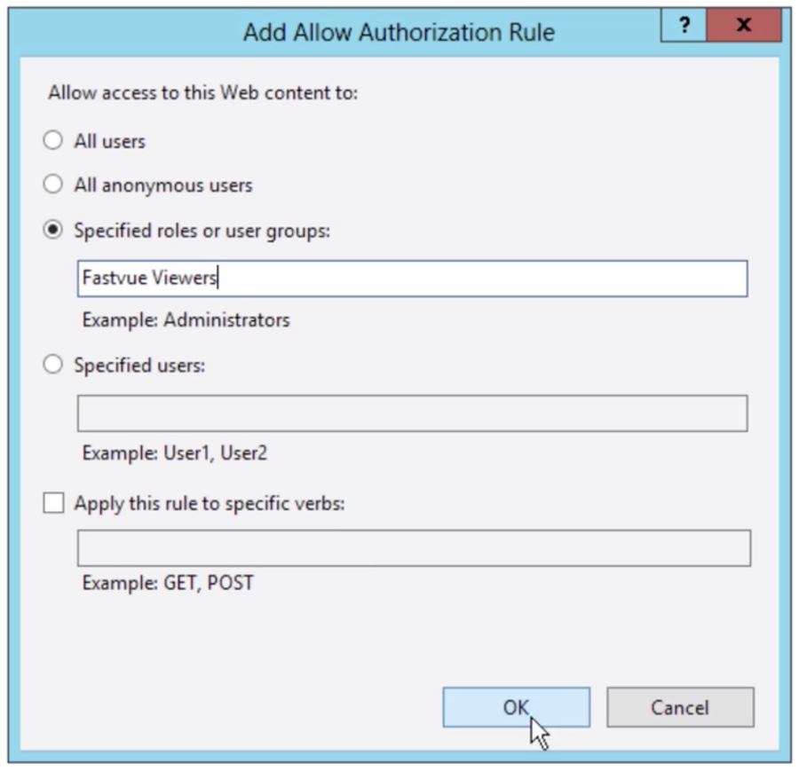 Screenshot of the “Add Allow Authorization Rule” window in IIS Manager, configured to grant access to the “Fastvue Viewers” group before confirming the change.