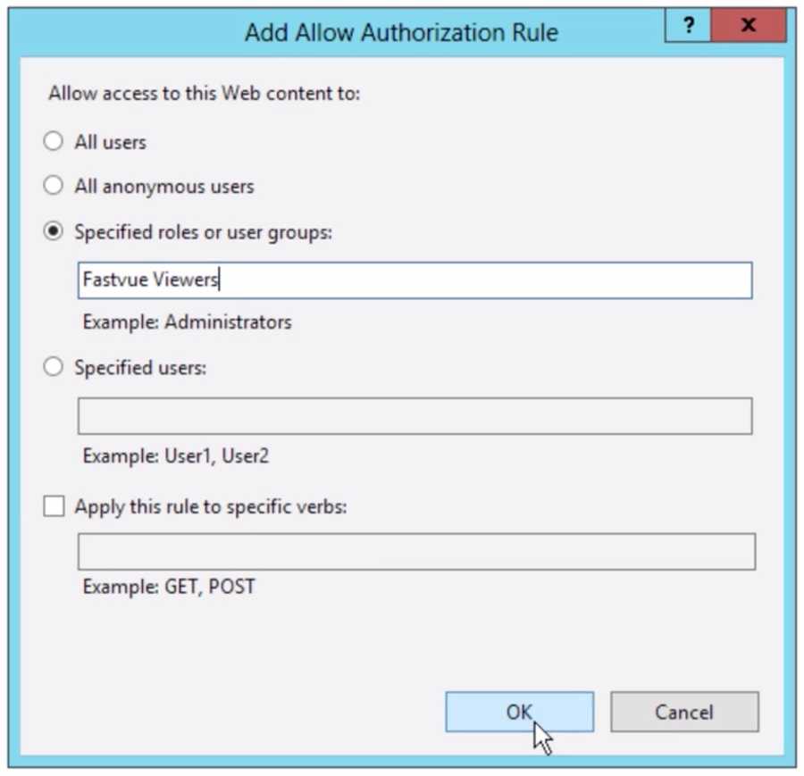 Screenshot of the “Add Allow Authorization Rule” window in IIS Manager, configured to grant access to the “Fastvue Viewers” group before confirming the change. Screenshot of the “Add Allow Authorization Rule” window in IIS Manager, configured to grant access to the “Fastvue Viewers” group before confirming the change.