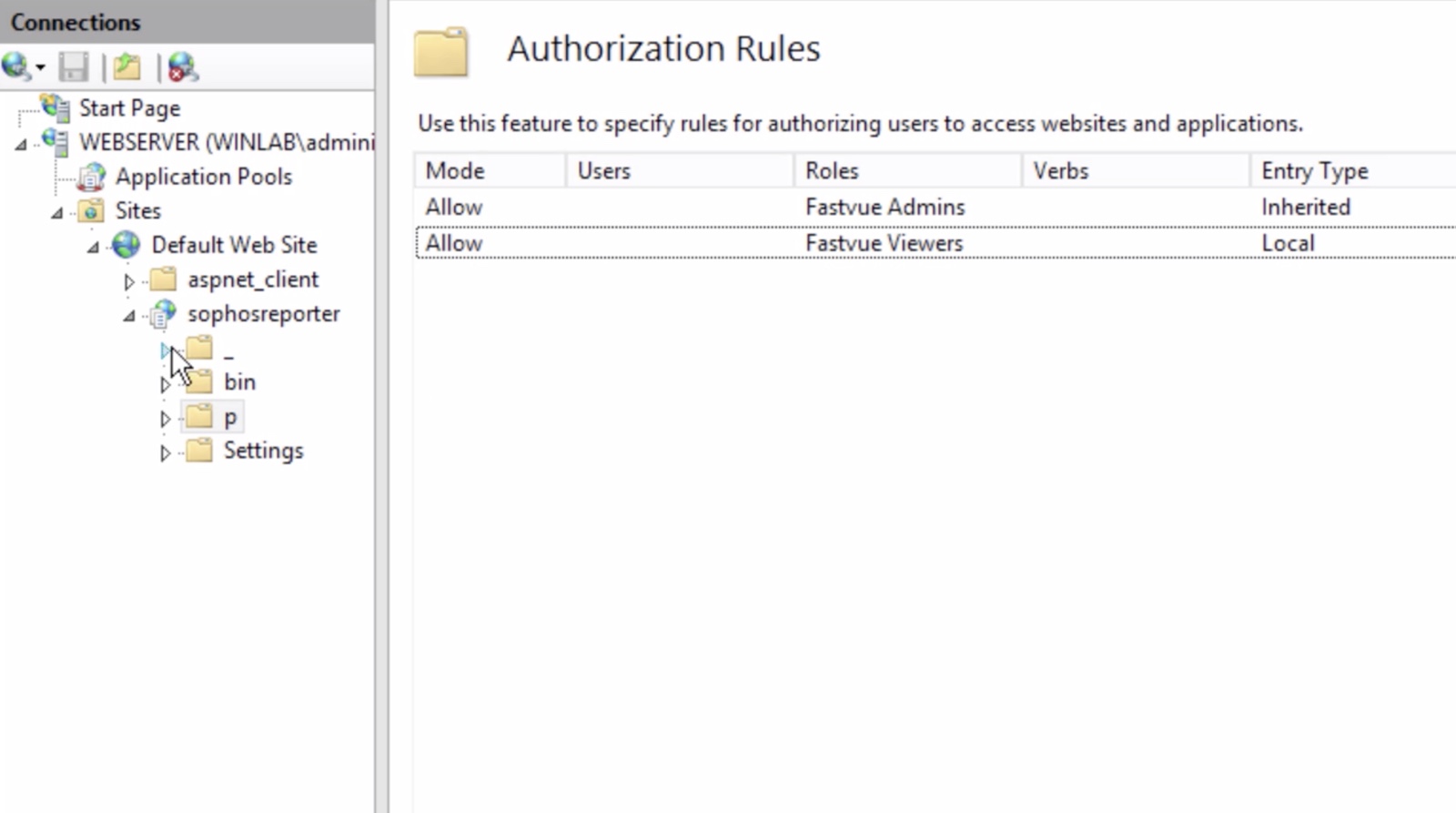 Screenshot of IIS Manager showing Authorization Rules for the Fastvue Reporter site, listing both Fastvue Admins and Fastvue Viewers groups with Allow access entries.
