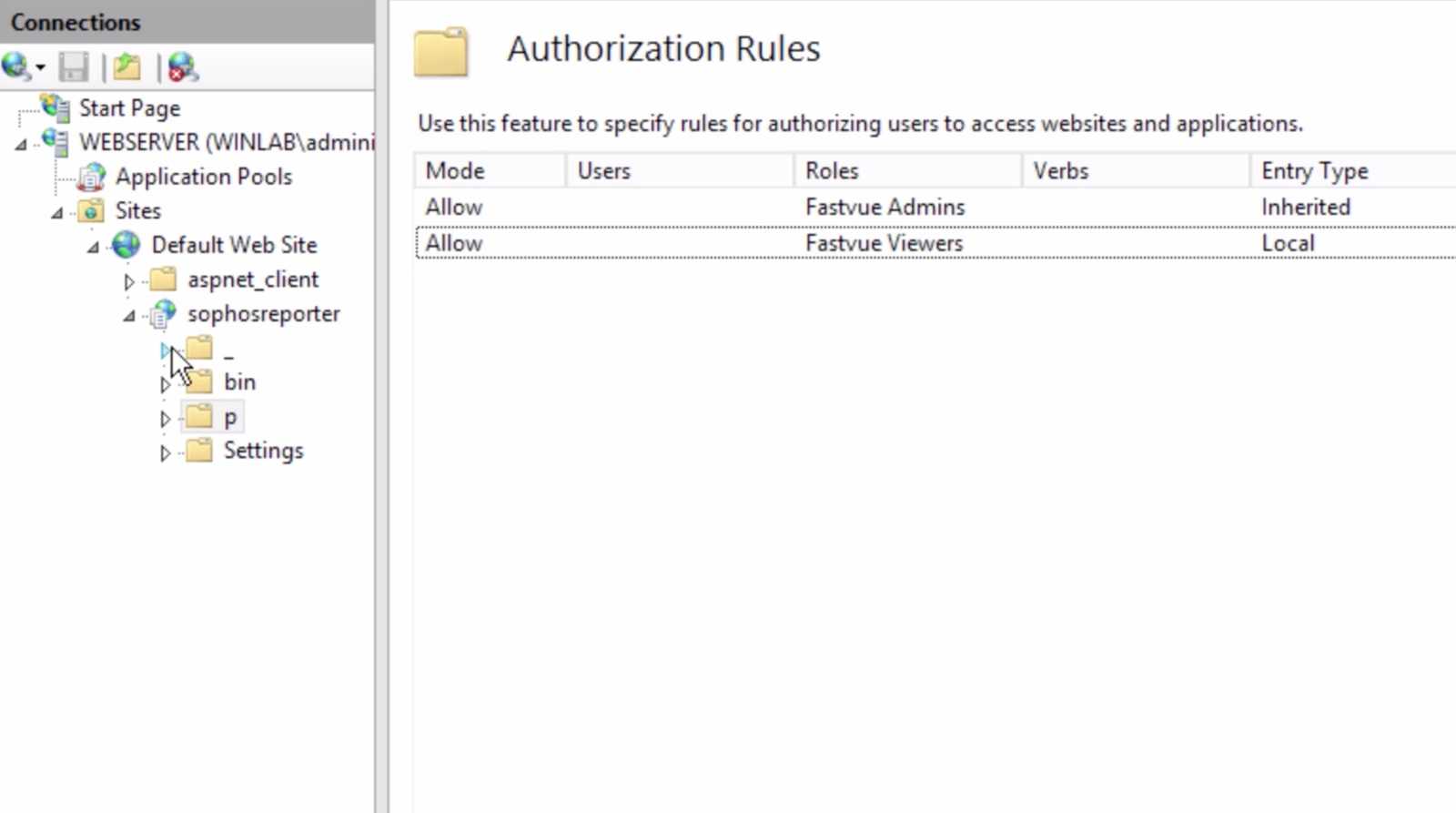 Screenshot of IIS Manager showing Authorization Rules for the Fastvue Reporter site, listing both Fastvue Admins and Fastvue Viewers groups with Allow access entries. Screenshot of IIS Manager showing Authorization Rules for the Fastvue Reporter site, listing both Fastvue Admins and Fastvue Viewers groups with Allow access entries.