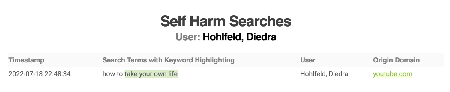 Fastvue alert showing self-harm search linked to a specific user