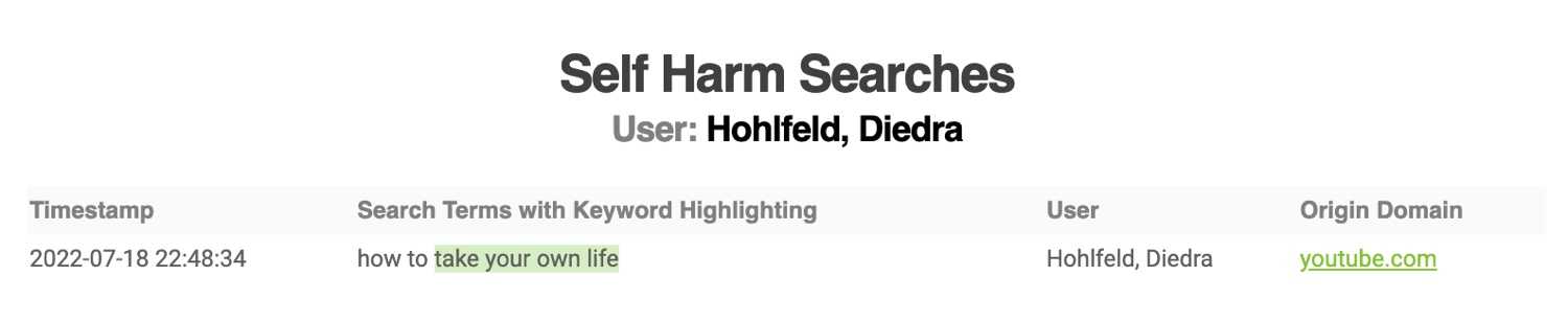 Fastvue alert showing self-harm search linked to a specific user Fastvue alert showing self-harm search linked to a specific user