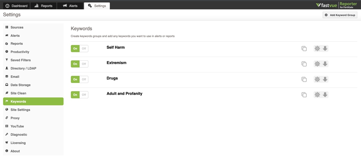 Dashboard showing keyword settings options in Fastvue Reporter