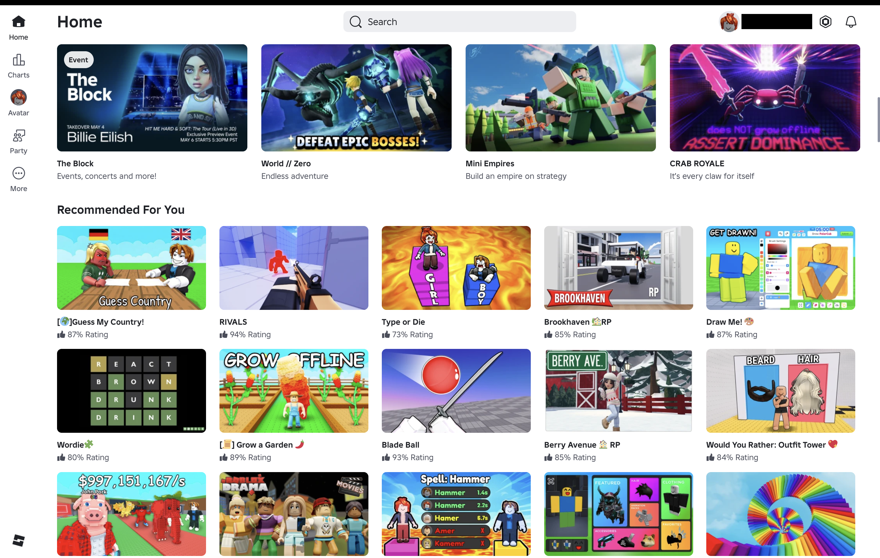 Screenshot of Roblox Homepage showing games and experiences 2026