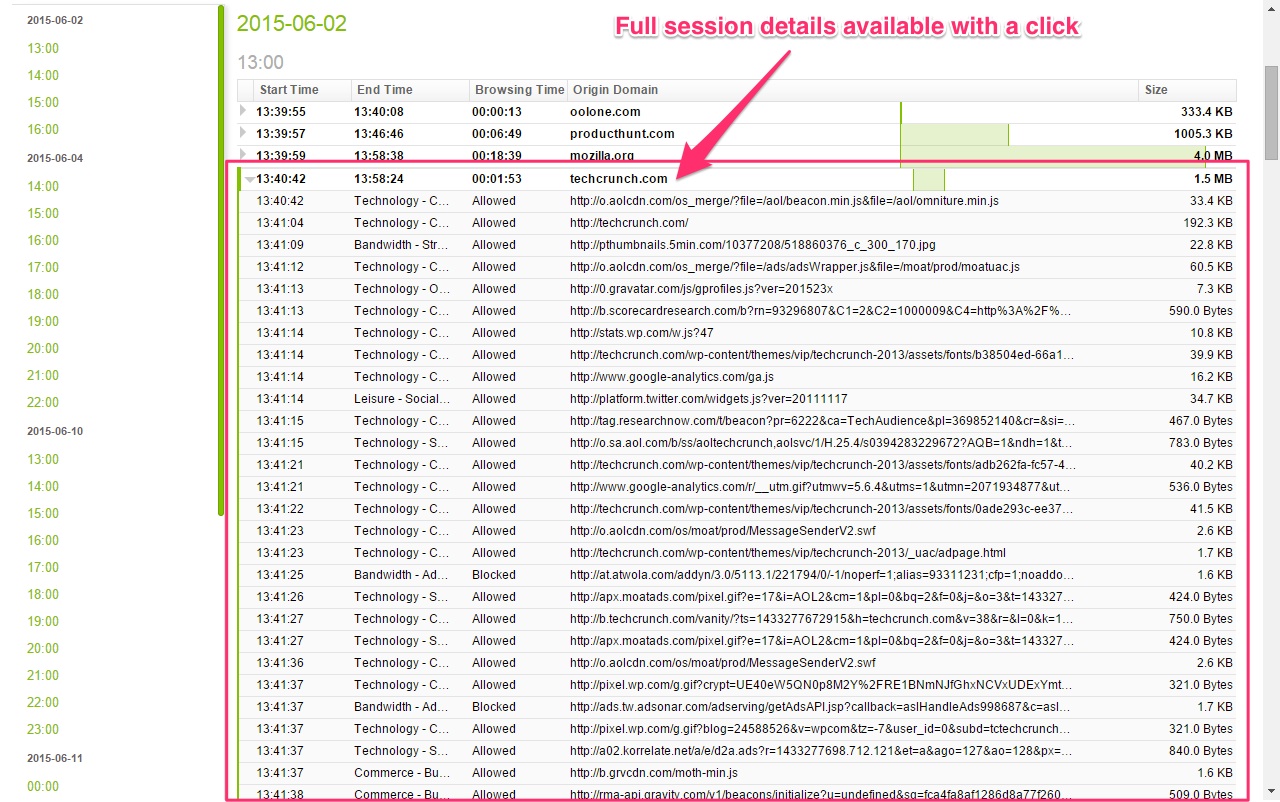 Fastvue Reporter activity reports showing how to access full session details