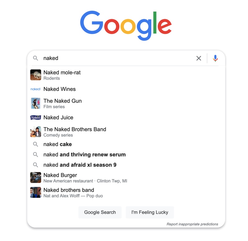 Google search results page displaying various contexts for the keyword 'naked', including safe and common uses.
