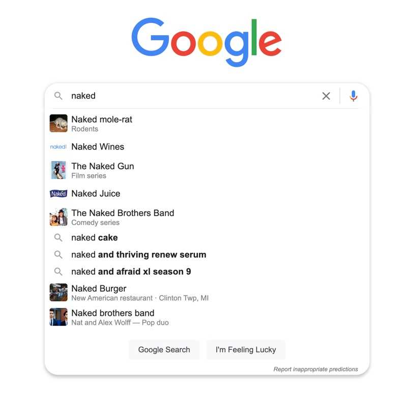 Google search results page displaying various contexts for the keyword 'naked', including safe and common uses. Google search results page displaying various contexts for the keyword 'naked', including safe and common uses.