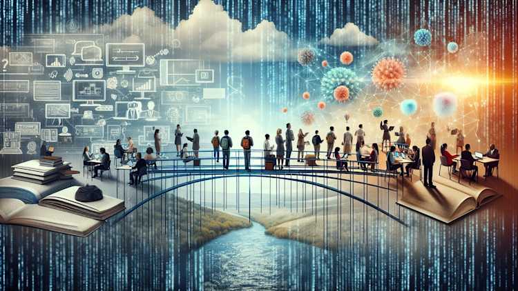 Business individuals on a bridge with digital symbols, illustrating the theme of safeguarding students amid digital challenges. Business individuals on a bridge with digital symbols, illustrating the theme of safeguarding students amid digital challenges.