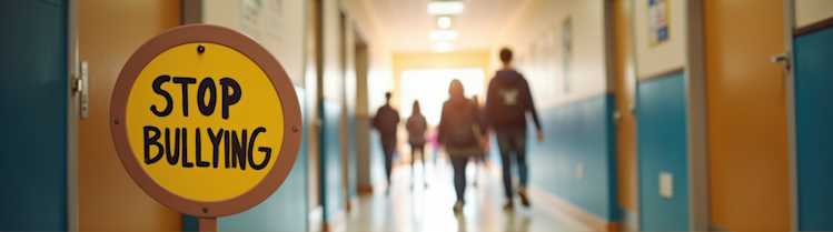 A round, yellow stop-bullying sign in the foreground of a school hallway A round, yellow stop-bullying sign in the foreground of a school hallway