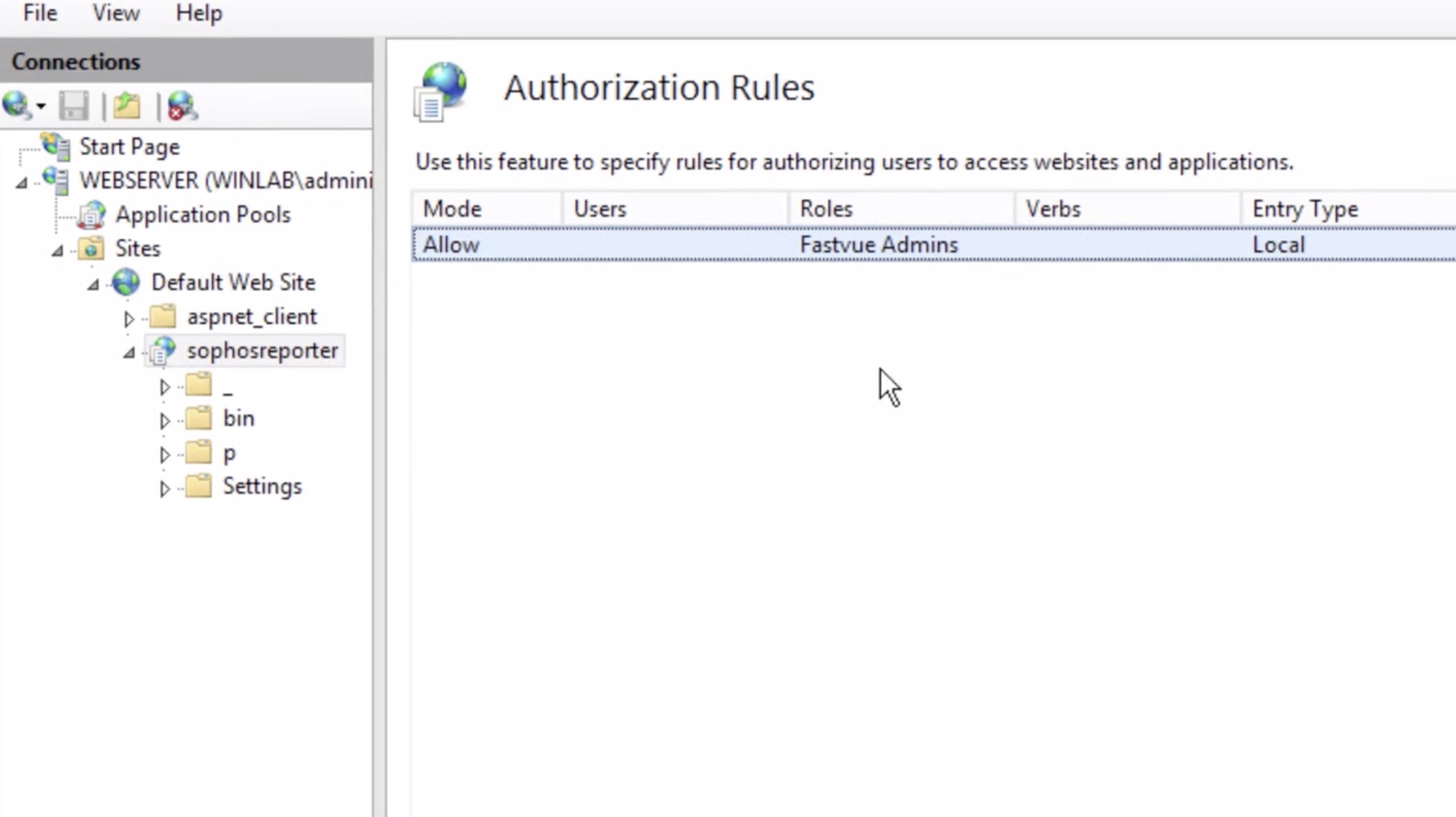Dialog box in IIS showing the ‘Add Allow Authorization Rule’ window configured to allow access for a specific role or user group called “Fastvue Viewers.