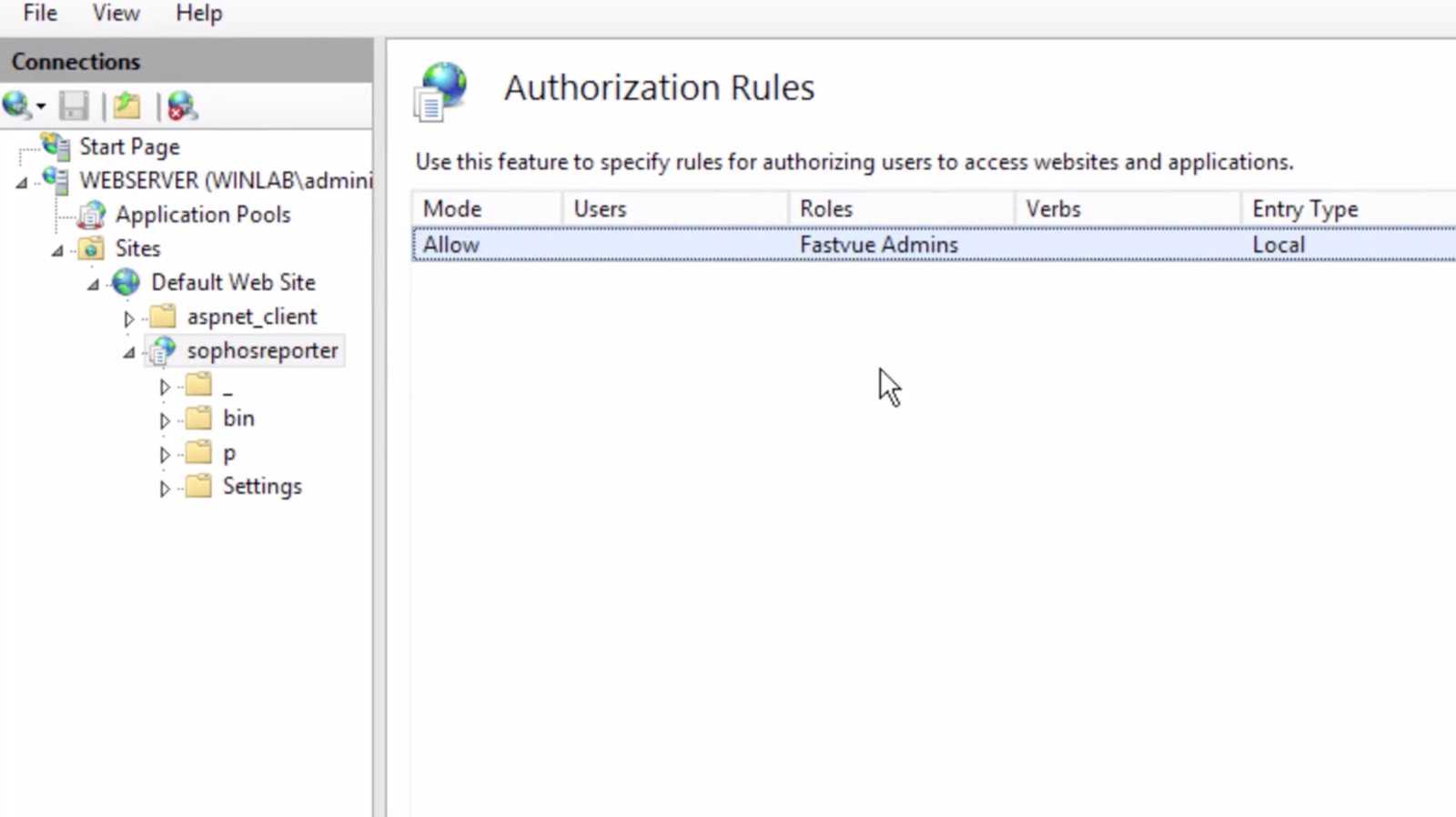 Dialog box in IIS showing the ‘Add Allow Authorization Rule’ window configured to allow access for a specific role or user group called “Fastvue Viewers. Dialog box in IIS showing the ‘Add Allow Authorization Rule’ window configured to allow access for a specific role or user group called “Fastvue Viewers.