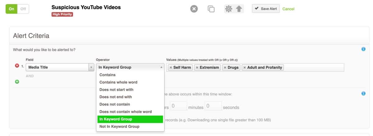 Settings page for Fastvue video featuring options for filtering reports and alerts by keyword groups. Settings page for Fastvue video featuring options for filtering reports and alerts by keyword groups.