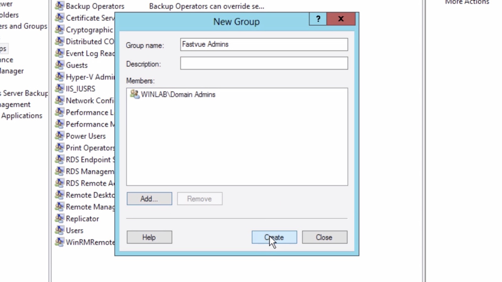 Screenshot of the Windows Server “New Group” dialog showing a new security group named “Fastvue Admins” being created, with Domain Admins added as a member.