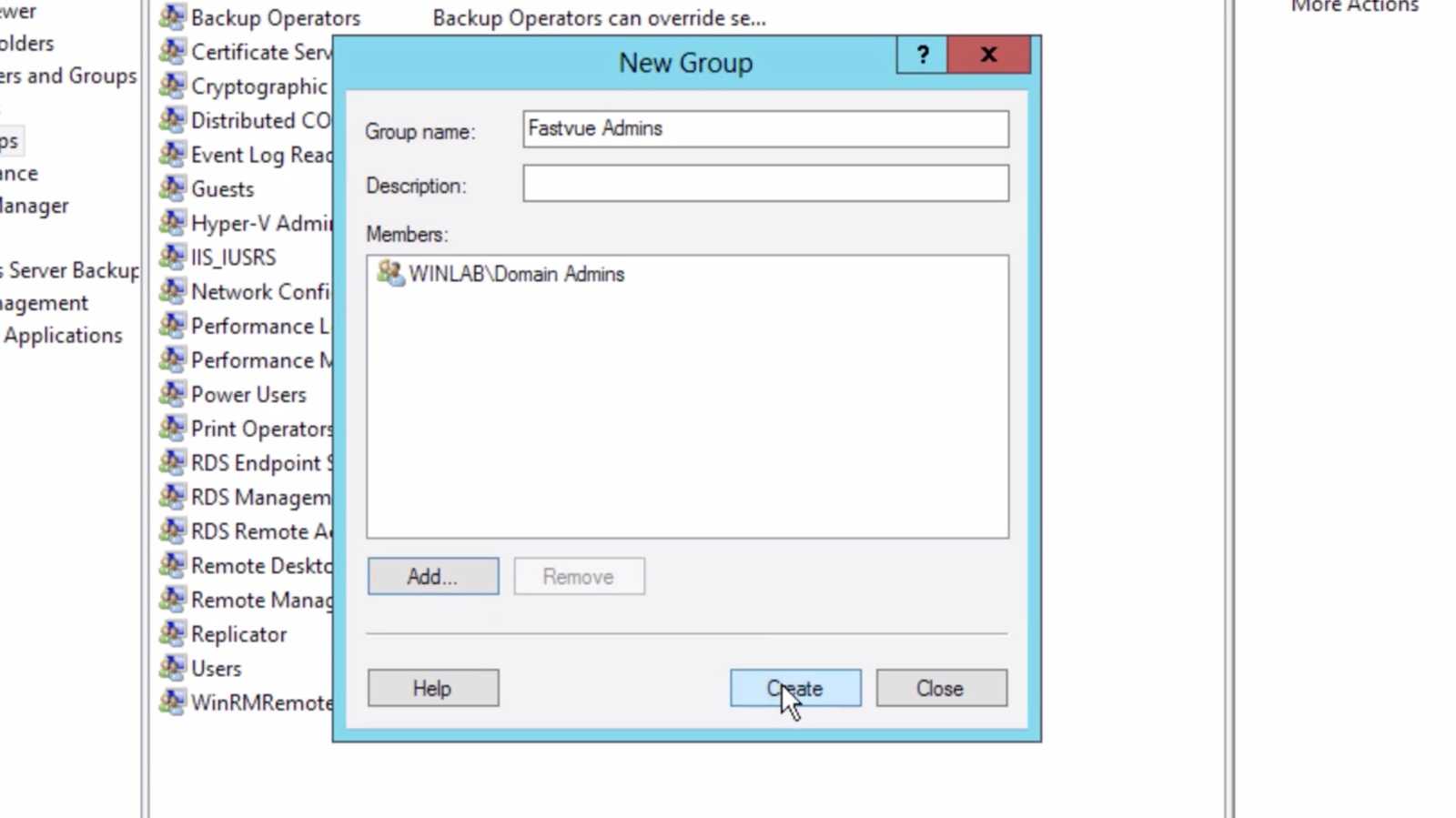 Screenshot of the Windows Server “New Group” dialog showing a new security group named “Fastvue Admins” being created, with Domain Admins added as a member. Screenshot of the Windows Server “New Group” dialog showing a new security group named “Fastvue Admins” being created, with Domain Admins added as a member.