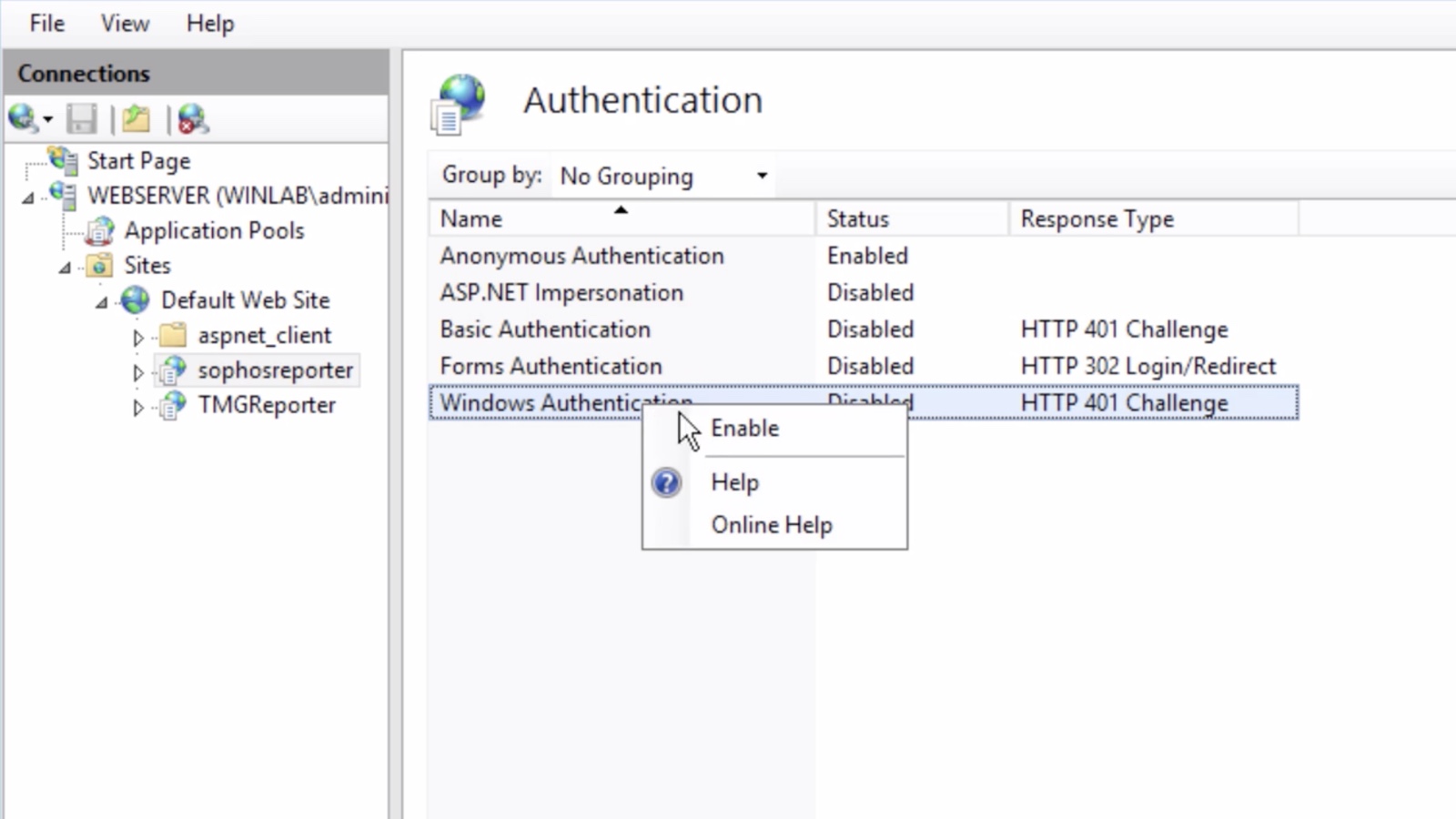 Screenshot of the Authentication pane in IIS Manager showing Anonymous Authentication disabled and Windows Authentication enabled for the Fastvue Reporter site.