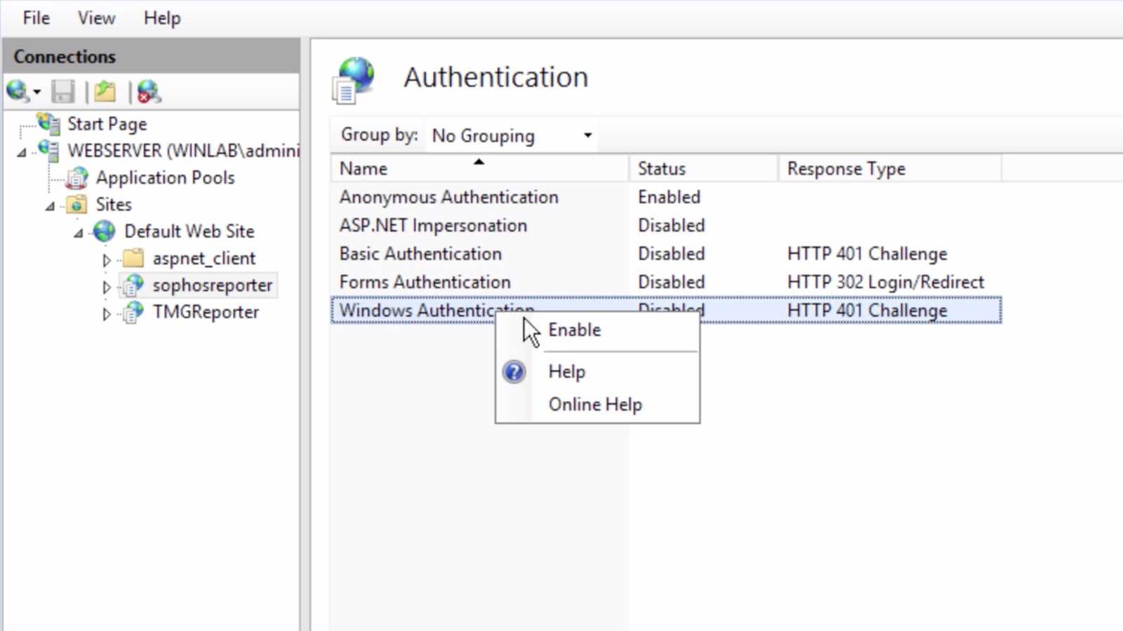 Screenshot of the Authentication pane in IIS Manager showing Anonymous Authentication disabled and Windows Authentication enabled for the Fastvue Reporter site. Screenshot of the Authentication pane in IIS Manager showing Anonymous Authentication disabled and Windows Authentication enabled for the Fastvue Reporter site.