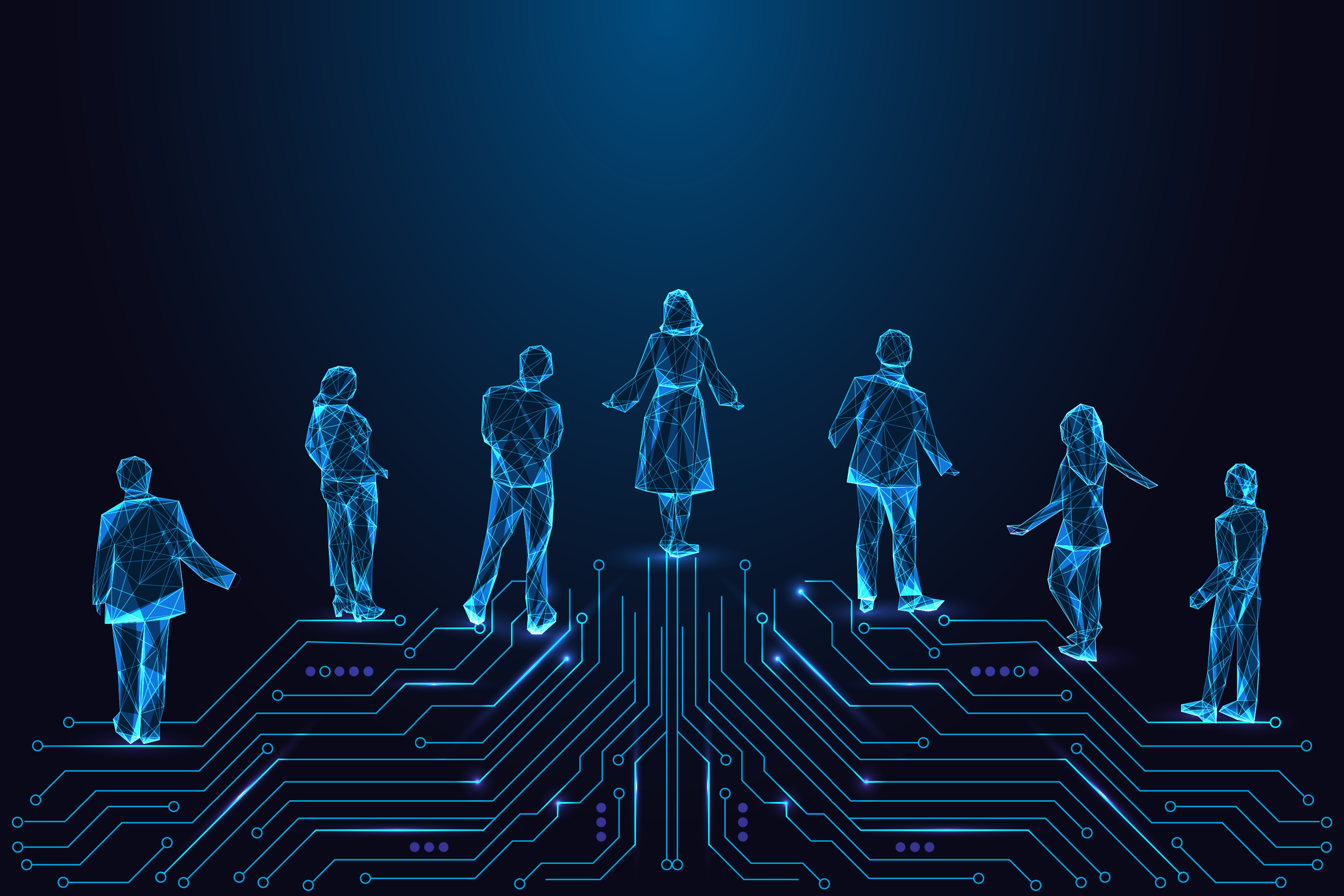 Students standing on top of blue technology lines