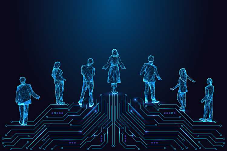 Students standing on top of blue technology lines Students standing on top of blue technology lines