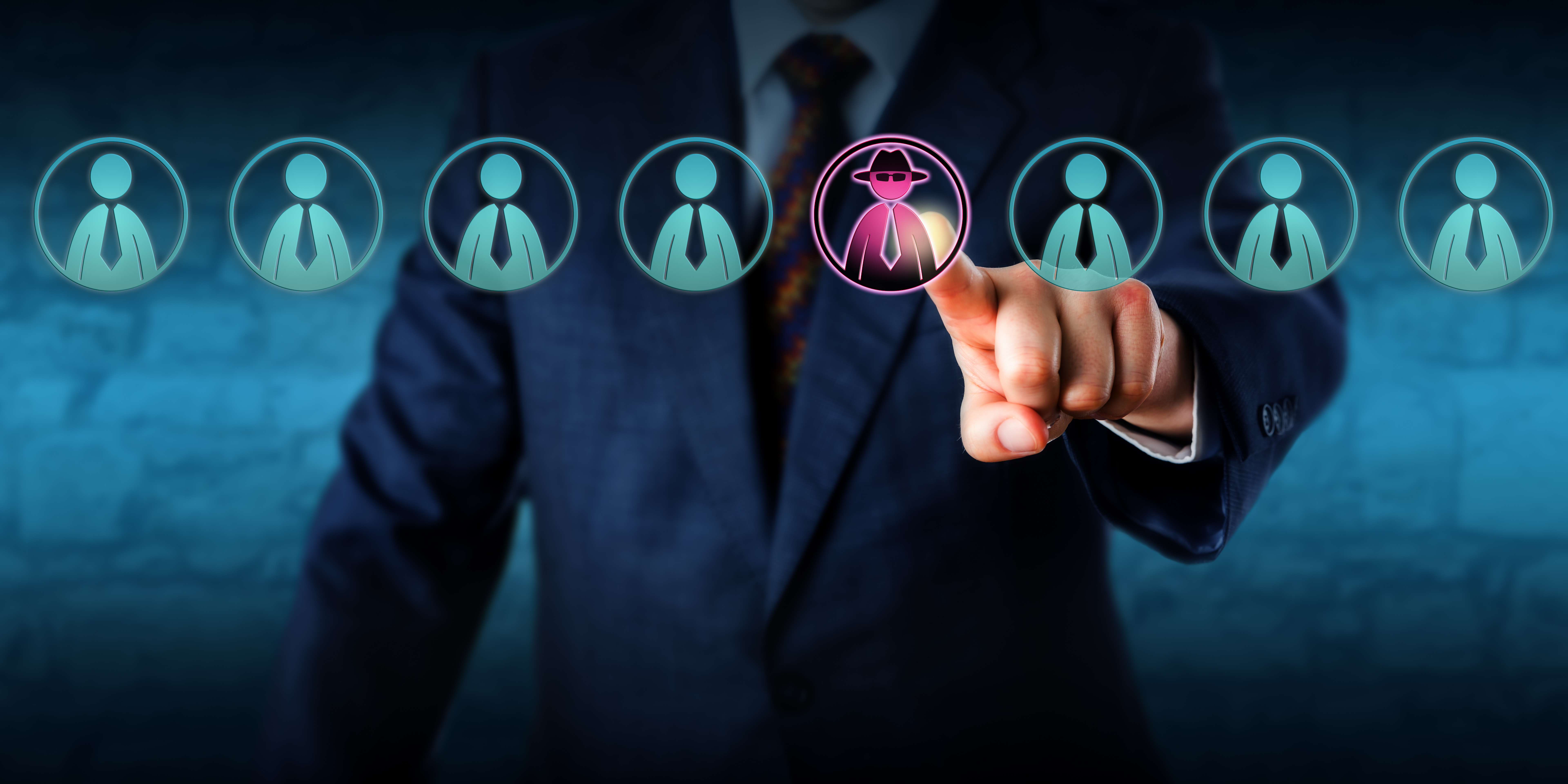 Manager pointing to an insider threat in a lineup of cartoon employees