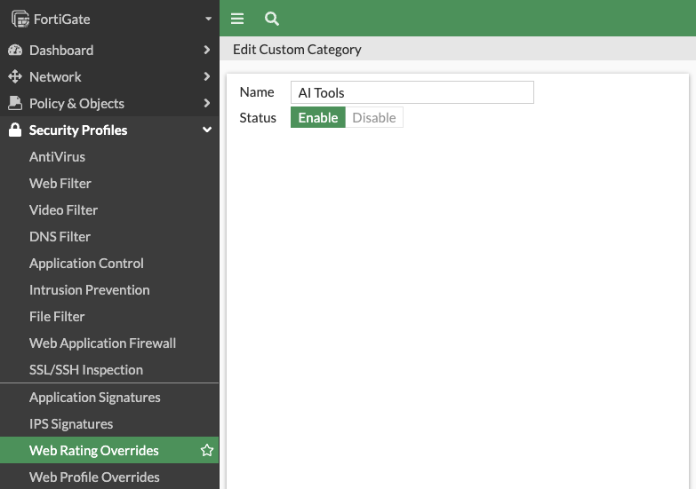Create a new custom category called Blocked URLs in Fortinet FortiGate