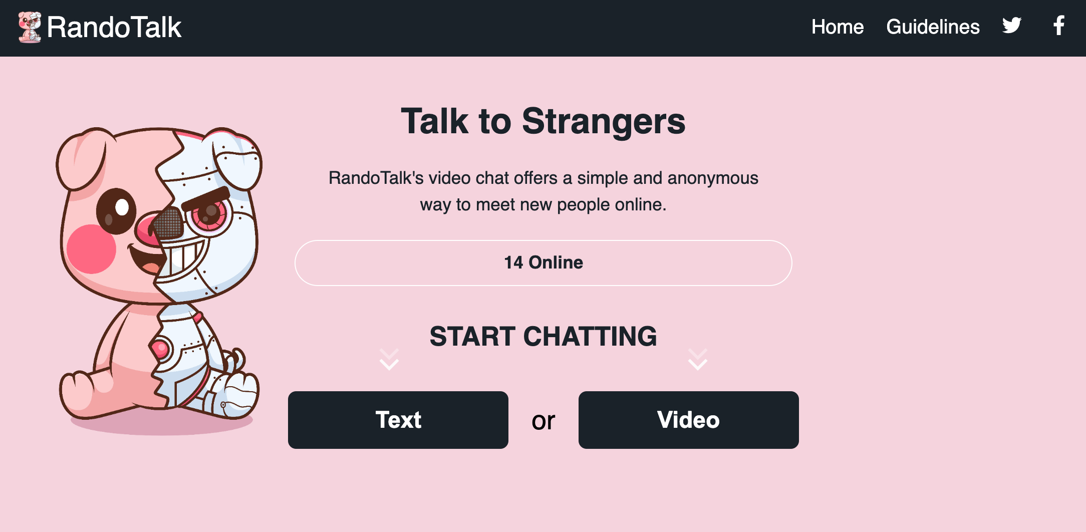 A teddy bear on a pink screen highlights the Randotalk homepage, designed for a high-risk chat application. A teddy bear on a pink screen highlights the Randotalk homepage, designed for a high-risk chat application.