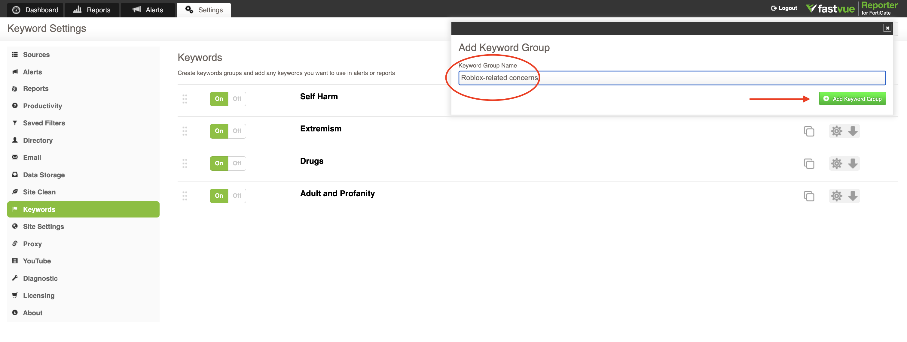 A screenshot showing how to create a Custom Roblox Keyword Group in Fastvue Reporter