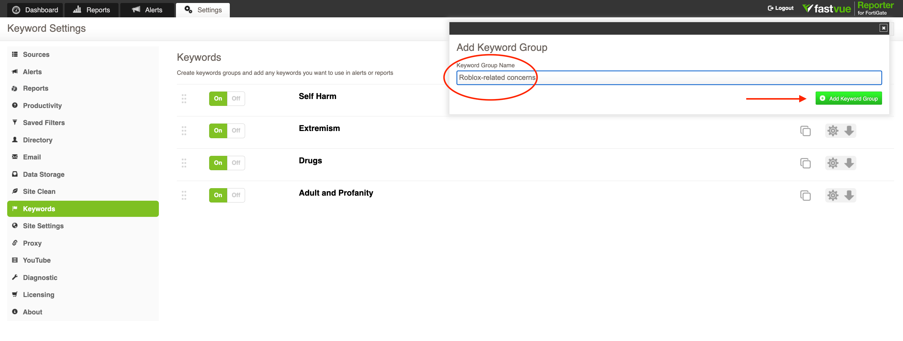 A screenshot showing how to create a Custom Roblox Keyword Group in Fastvue Reporter A screenshot showing how to create a Custom Roblox Keyword Group in Fastvue Reporter