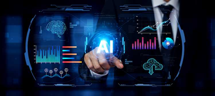 Picture of employee looking at reports of AI use across their network represented by graphics Picture of employee looking at reports of AI use across their network represented by graphics