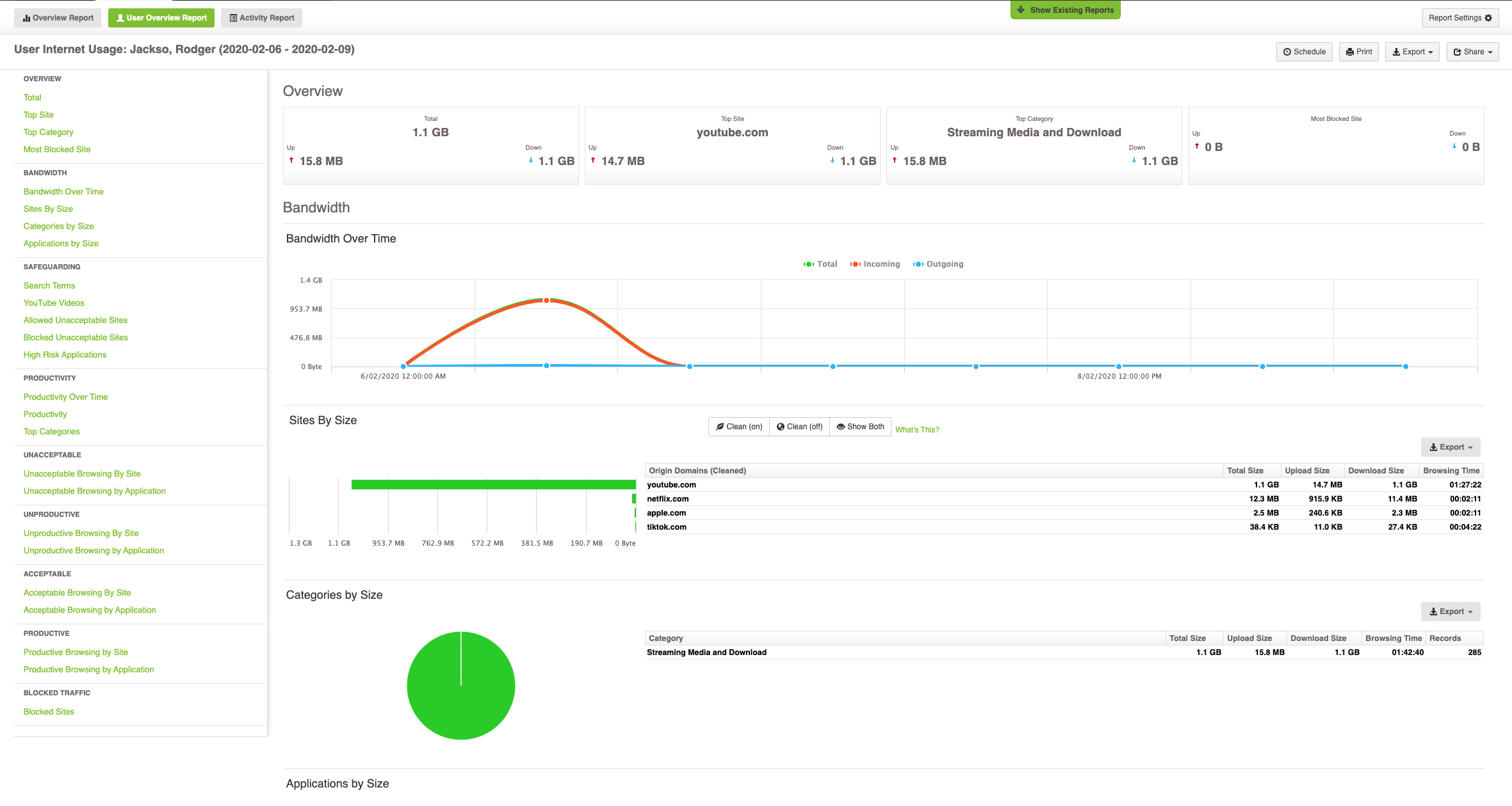 Fastvue reporter user overview report showing various metrics for specific users