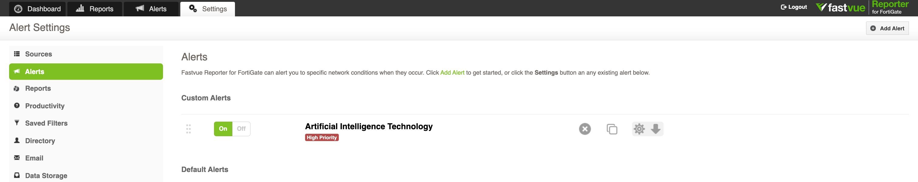Settings dashboard showing how to set up real-time alerts in Fastvue Reporter Settings dashboard showing how to set up real-time alerts in Fastvue Reporter