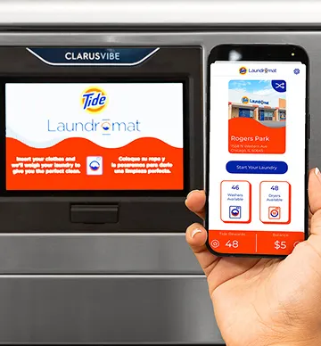 Customer using a mobile app to start and pay for a washing machine cycle.