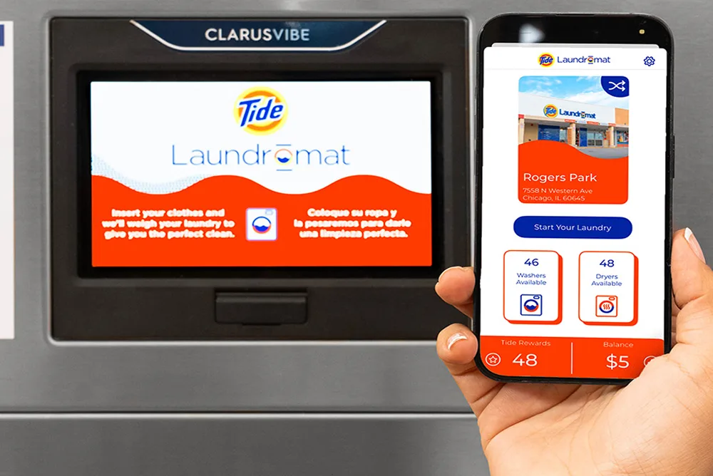 Customer using a mobile app to start and pay for a washing machine cycle.