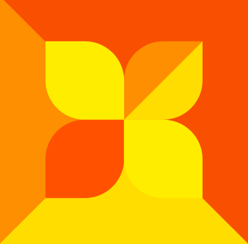 Logotipo abstracto con flor de cuatro pétalos en tonos amarillo y naranja.