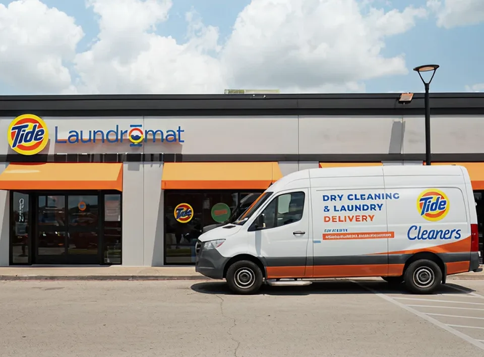 Camioneta de Tide Cleaners frente a Lavandería Tide.