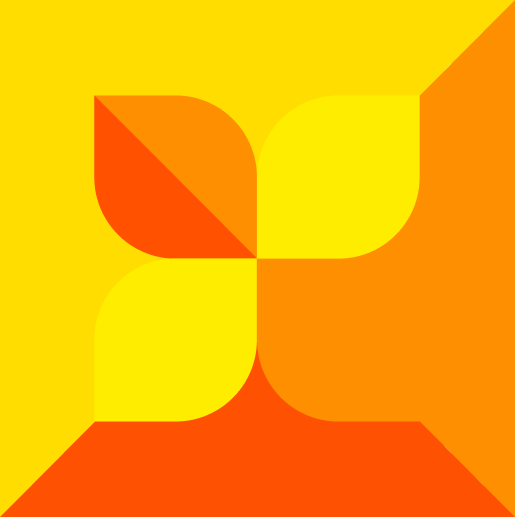 Logotipo abstracto con flor de cuatro pétalos en tonos amarillo y naranja.