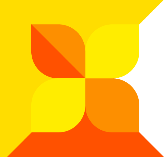 Logotipo abstracto con flor de cuatro pétalos en tonos amarillo y naranja.