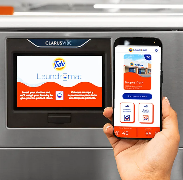Customer using a mobile app to start and pay for a washing machine cycle.