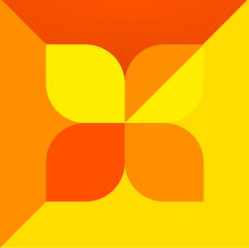 Logotipo abstracto con flor de cuatro pétalos en tonos amarillo y naranja.