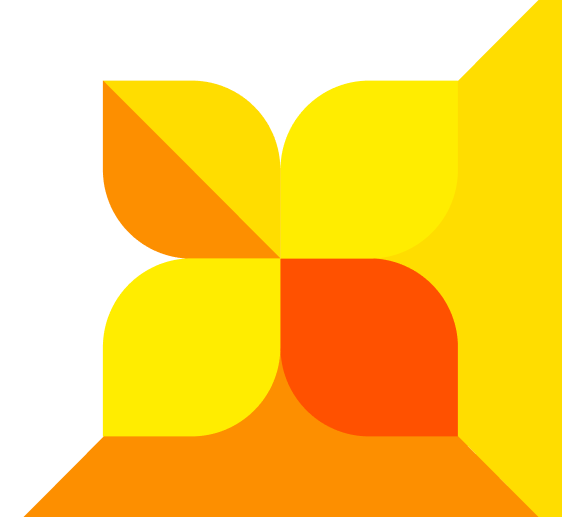 Logotipo abstracto con flor de cuatro pétalos en tonos amarillo y naranja.
